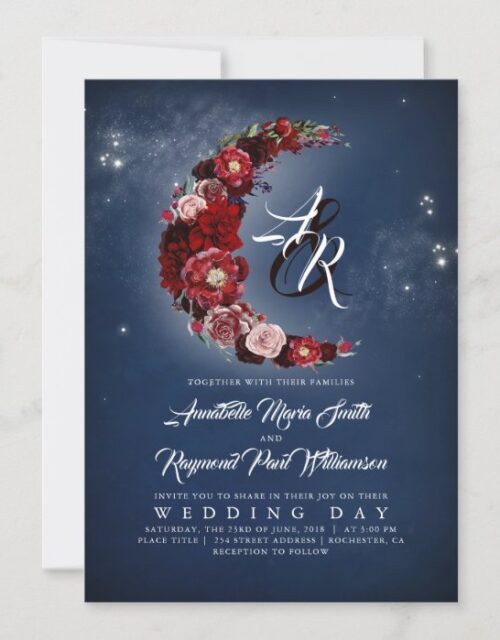 Navy and Burgundy Floral Starry Night Moon Wedding Invitation