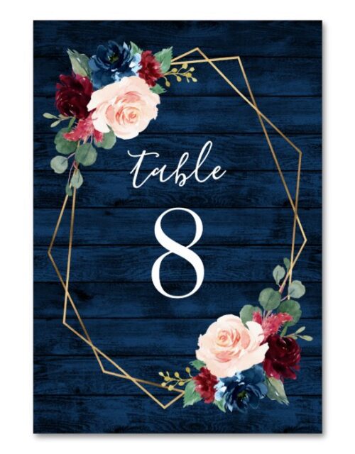Navy and Burgundy Gold Blush Wedding Table Numbers