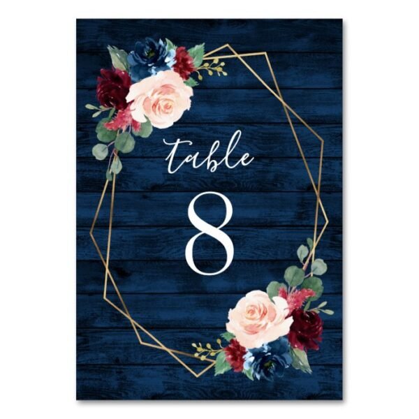 Navy and Burgundy Gold Blush Wedding Table Numbers