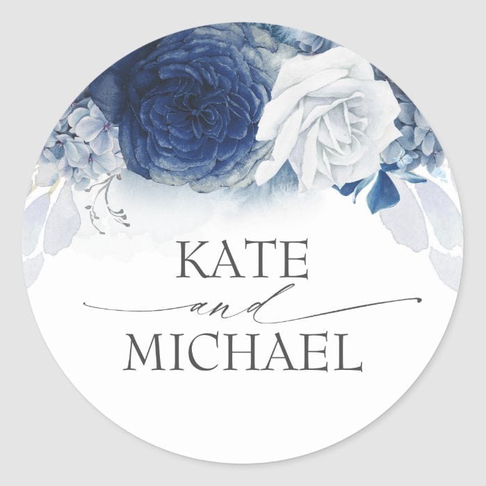 Navy and Dusty Blue Floral Wedding Classic Round Sticker