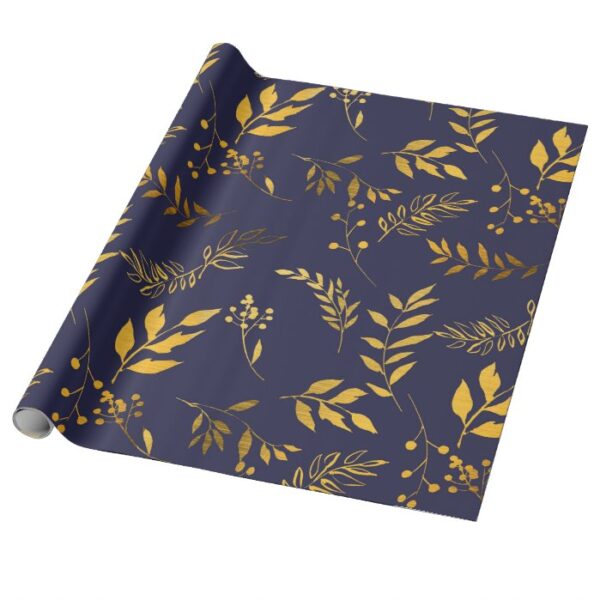 Navy and Gold Leaves Wrapping Paper