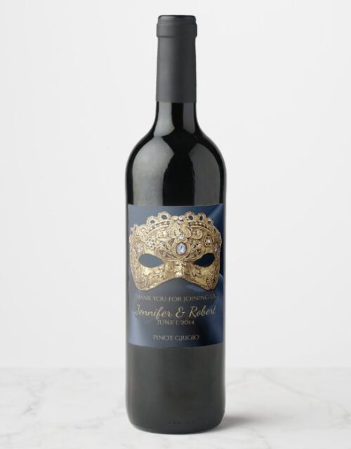 Navy and Gold Masquerade Wedding Wine Label
