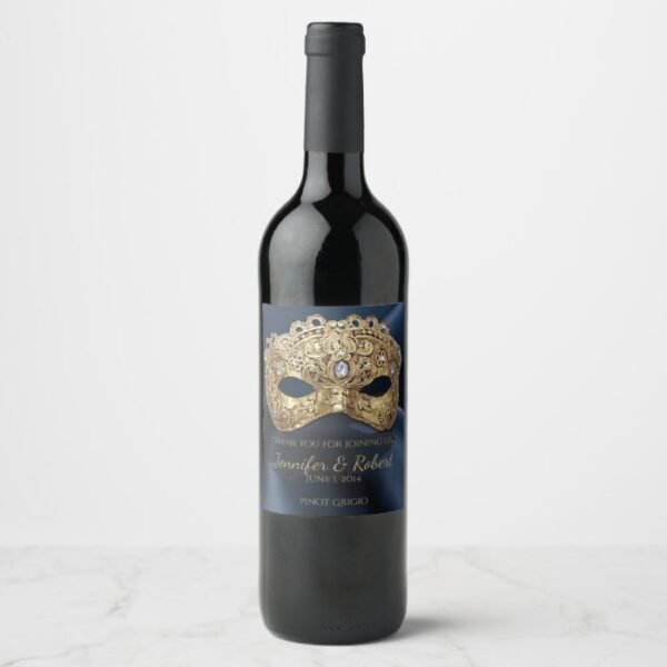 Navy and Gold Masquerade Wedding Wine Label