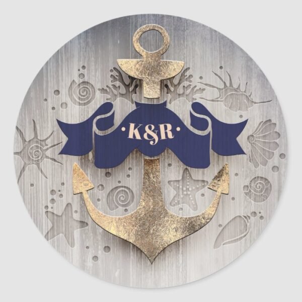 Navy and Gold Nautical Anchor Wedding Classic Round Sticker