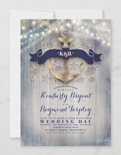 Navy and Gold Nautical Rustic Anchor Beach Wedding Invitation