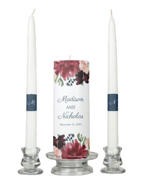 Navy and Marsala Floral Wedding Unity Candle Set