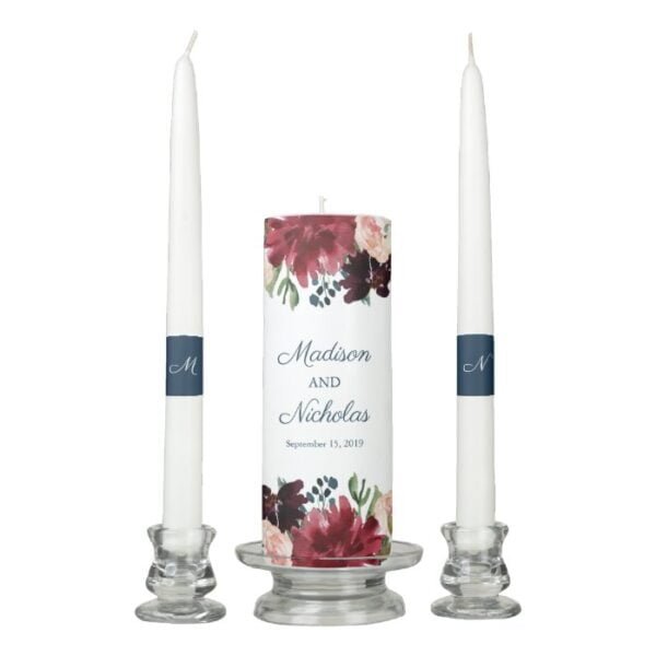 Navy and Marsala Floral Wedding Unity Candle Set