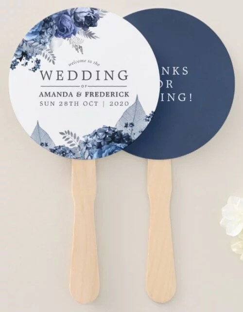 Navy and White with Silver Foil Wedding Favor Hand Fan