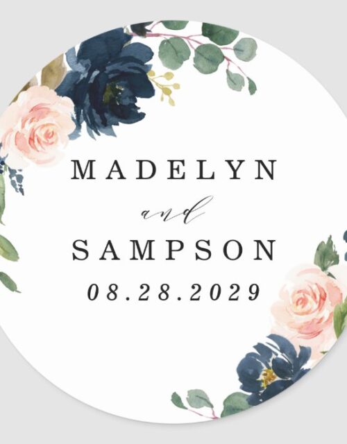 Navy Blue and Blush Pink Floral Country Wedding Classic Round Sticker