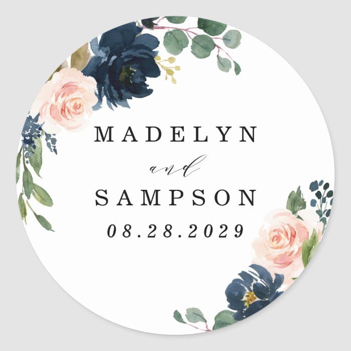 Navy Blue and Blush Pink Floral Country Wedding Classic Round Sticker