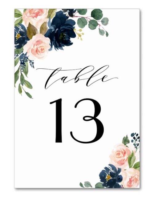 Navy Blue and Blush Pink Floral Country Wedding Table Number