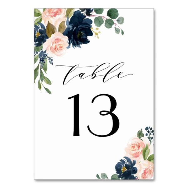 Navy Blue and Blush Pink Floral Country Wedding Table Number