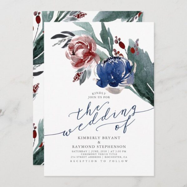 Navy Blue and Burgundy Red Floral Modern Wedding Invitation