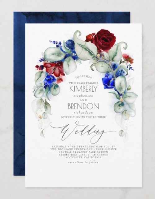 Navy Blue and Burgundy Red Flowers Elegant Wedding Invitation