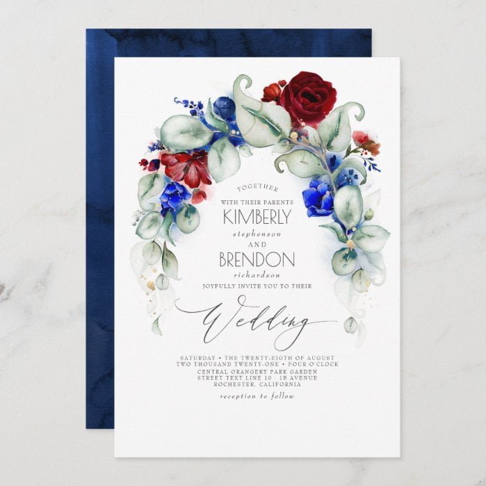 Navy Blue and Burgundy Red Flowers Elegant Wedding Invitation