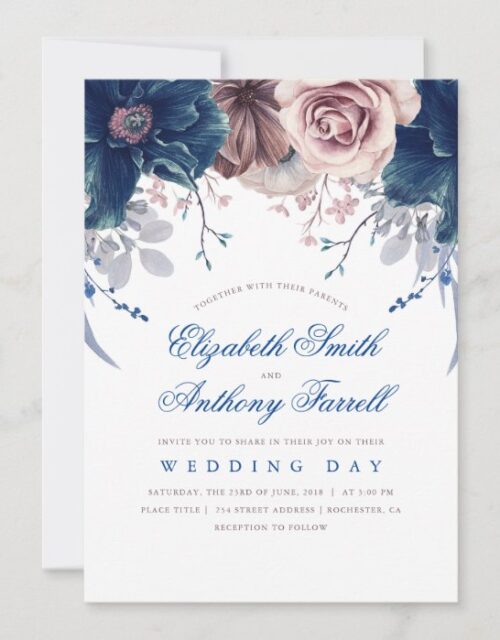Navy Blue and Mauve Watercolor Floral Wedding Invitation