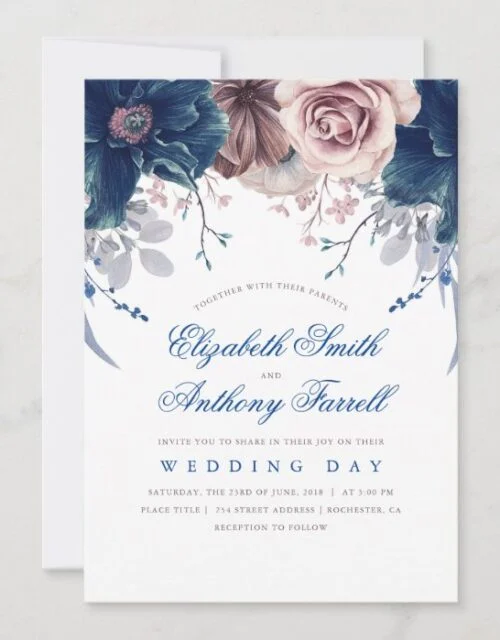Navy Blue and Mauve Watercolor Floral Wedding Invitation