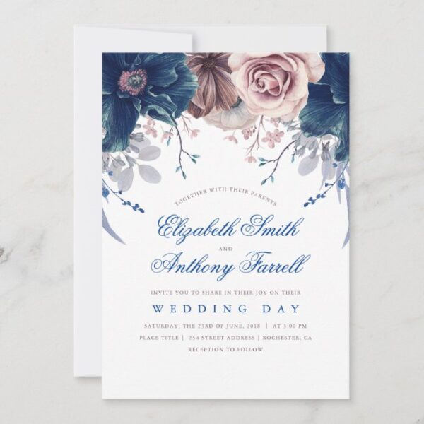 Navy Blue and Mauve Watercolor Floral Wedding Invitation
