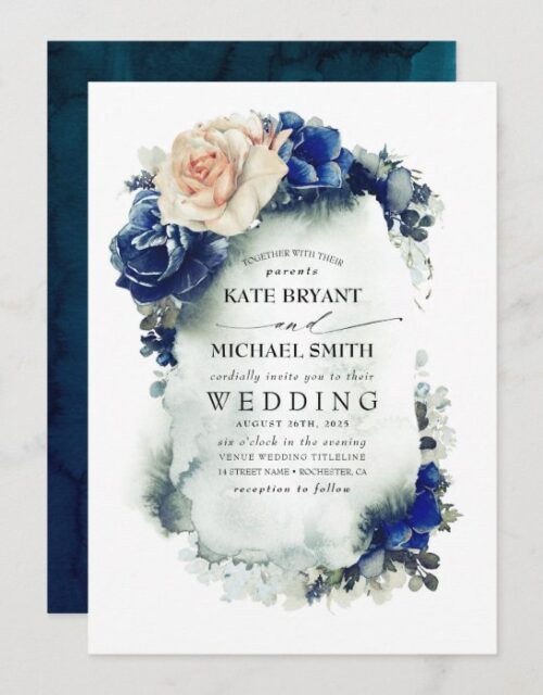Navy Blue and Rust Copper Floral Boho Wedding Invitation