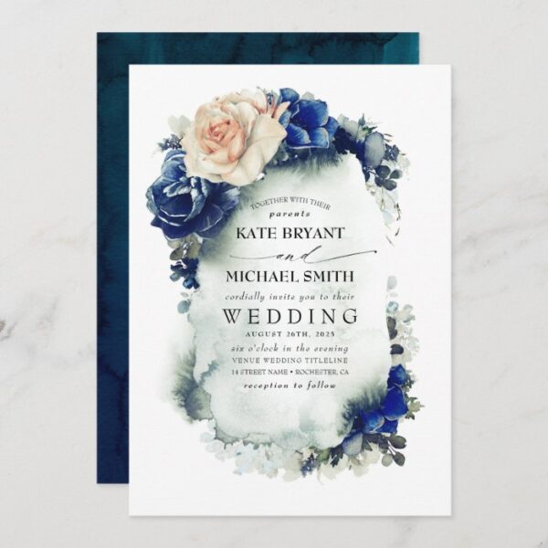 Navy Blue and Rust Copper Floral Boho Wedding Invitation