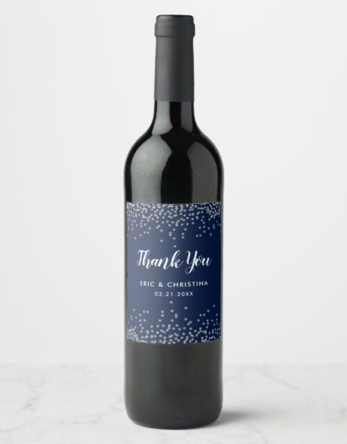 Navy Blue and Silver Confetti Personalized Wedding Wine Label