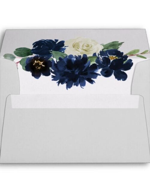 Navy Blue and Silver Elegant Ivory Floral Wedding Envelope