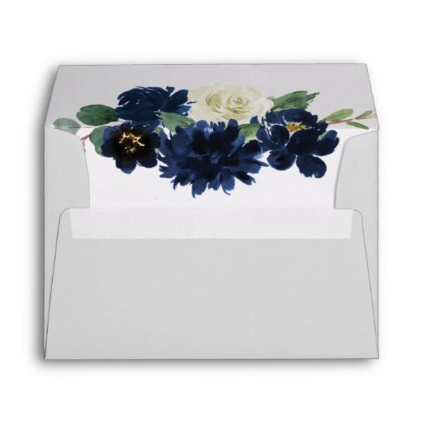 Navy Blue and Silver Elegant Ivory Floral Wedding Envelope