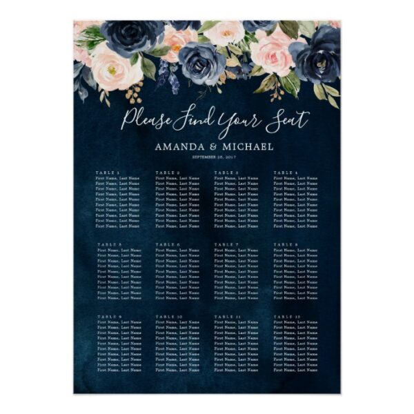 Navy Blue Blue Blush Pink Botanical Seating Chart