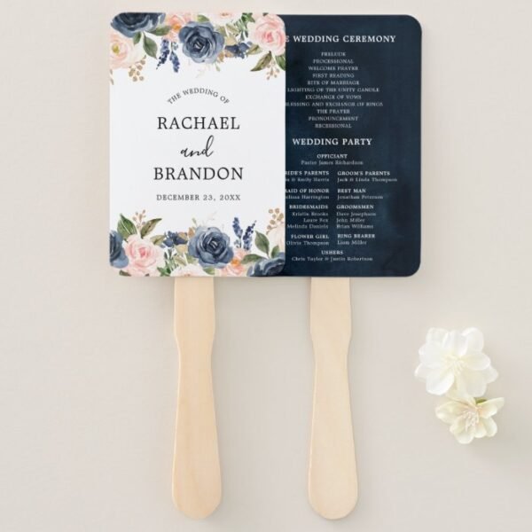 Navy Blue Blue Blush Pink Rose Botanical Hand Fan