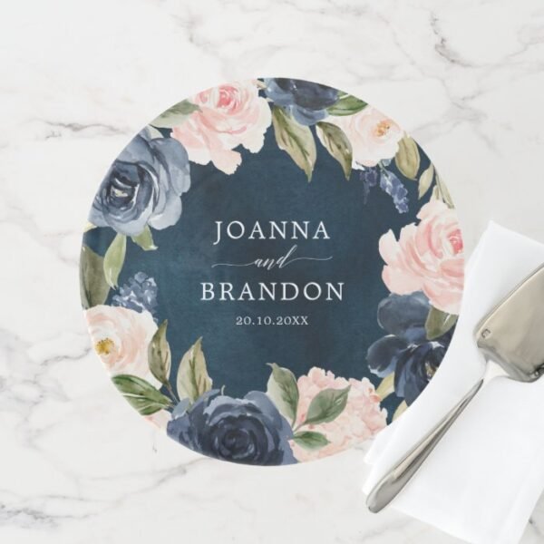 Navy Blue Blue Blush Pink Rose Botanical Wedding Cake Stand