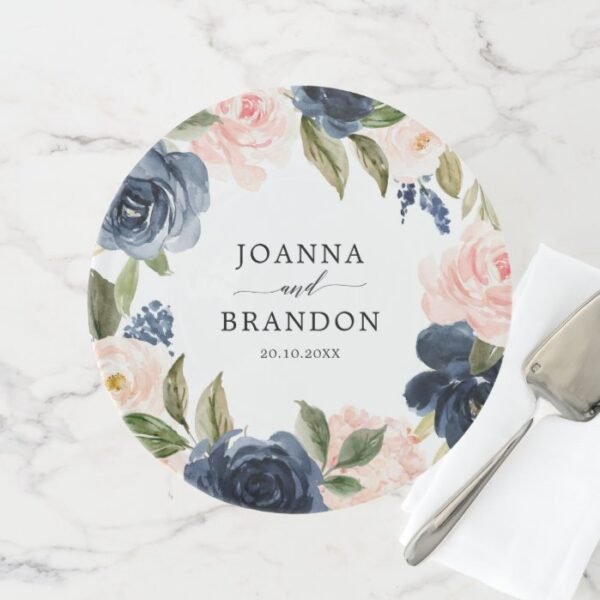 Navy Blue Blue Blush Pink Rose Botanical Wedding Cake Stand