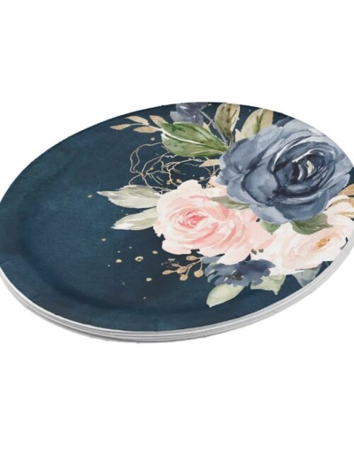 Navy Blue Blue Blush Pink Rose Botanical Wedding Paper Plate