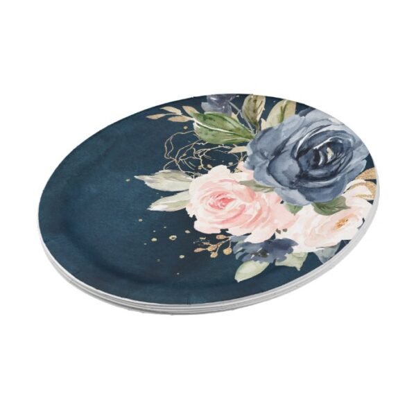 Navy Blue Blue Blush Pink Rose Botanical Wedding Paper Plate