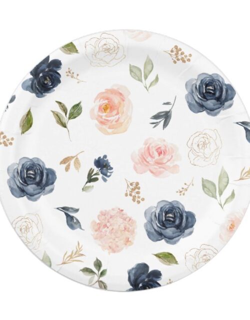 Navy Blue Blue Blush Pink Rose Botanical Wedding Paper Plate