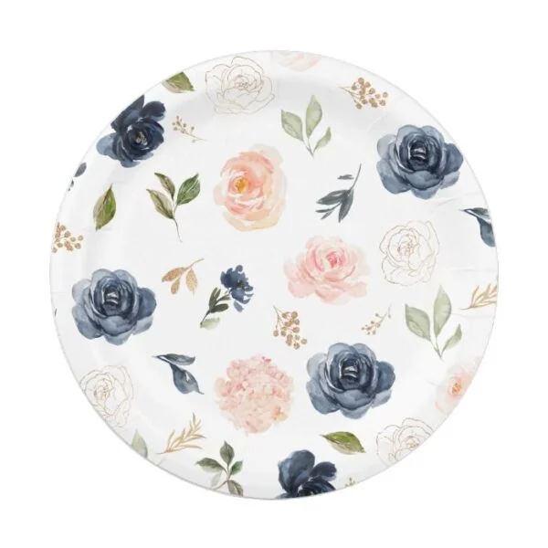 Navy Blue Blue Blush Pink Rose Botanical Wedding Paper Plate