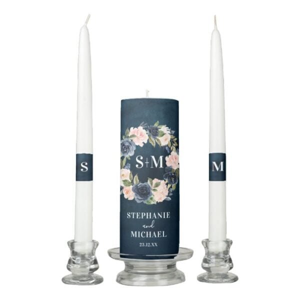 Navy Blue Blue Blush Pink Rose Botanical Wedding Unity Candle Set