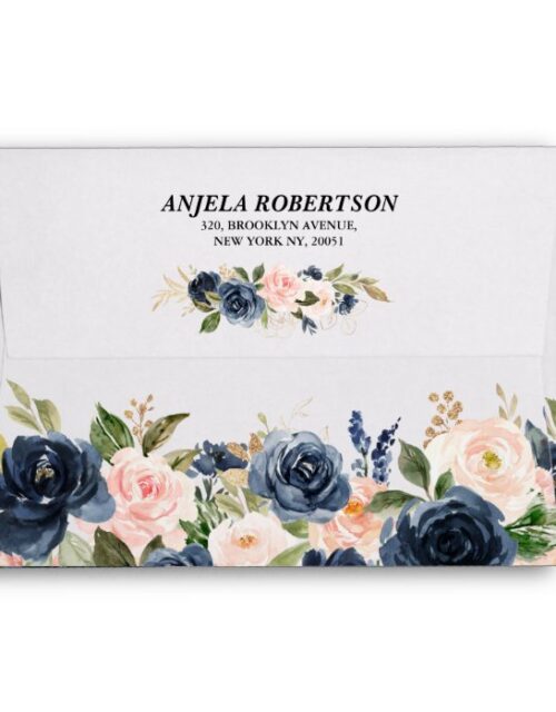 Navy Blue Blush Pink Rose Boho Floral Wedding Envelope