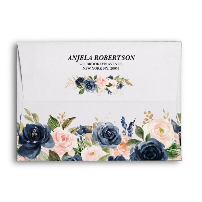 Navy Blue Blush Pink Rose Boho Floral Wedding Envelope
