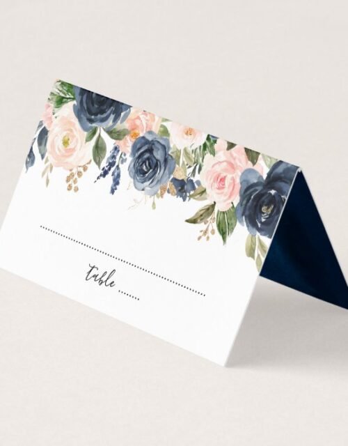 Navy Blue Blush Pink Rose Boho Wedding Place Card