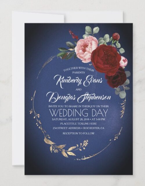 Navy Blue Burgundy and Gold Floral Boho Wedding Invitation