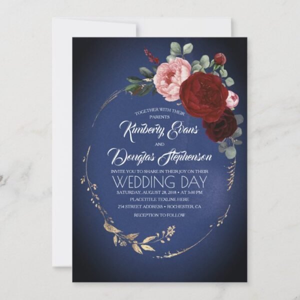 Navy Blue Burgundy and Gold Floral Boho Wedding Invitation