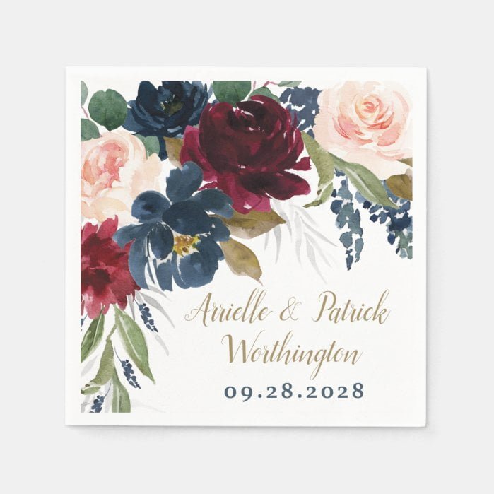 Navy Blue Burgundy Blush Pink Silver Gold Wedding Napkins