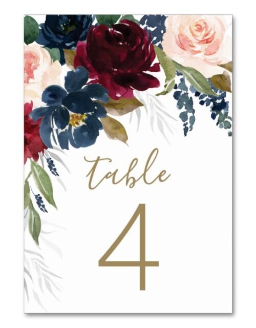 Navy Blue Burgundy Blush Pink Silver Gold Wedding Table Number