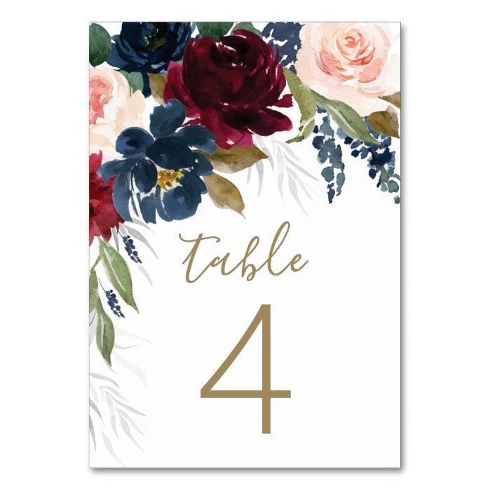 Navy Blue Burgundy Blush Pink Silver Gold Wedding Table Number
