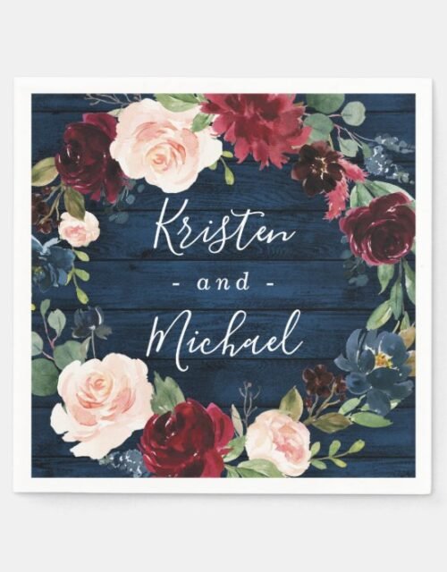 Navy Blue Burgundy Blush Watercolor Wreath Wedding Napkins