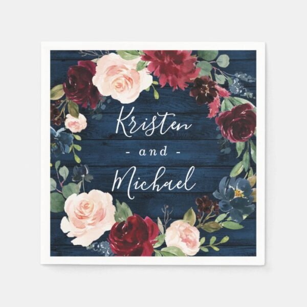 Navy Blue Burgundy Blush Watercolor Wreath Wedding Napkins