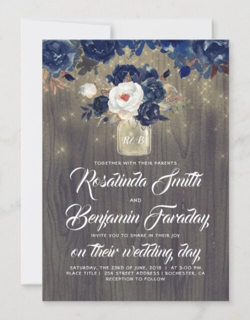 Navy Blue Floral Mason Jar Rustic Wedding Invitation