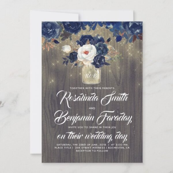 Navy Blue Floral Mason Jar Rustic Wedding Invitation