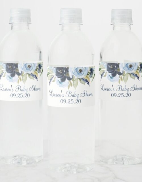 Navy blue floral water bottle label
