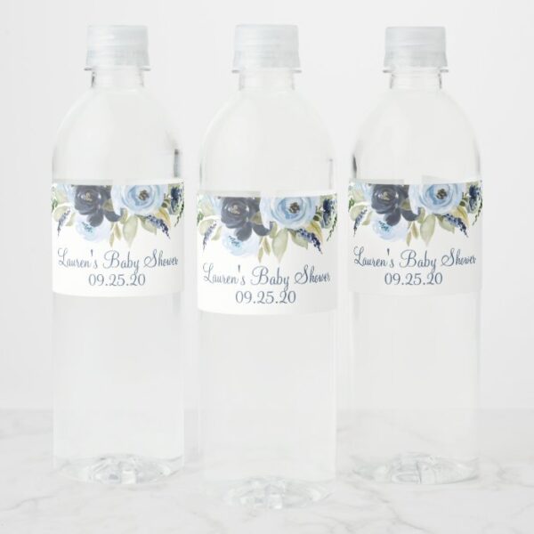 Navy blue floral water bottle label